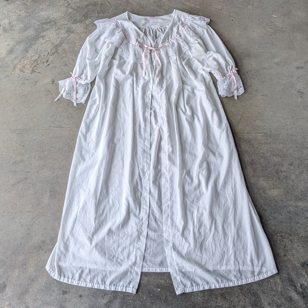 Vintage 80s Maternity Robe White Lace Ruffle Open Front Loungewear medium